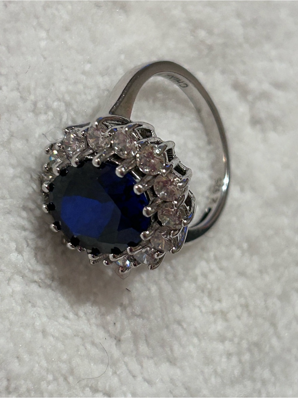 Princess Diana Replica Sterling Silver Blue Sapphire Halo Cocktail Ring
